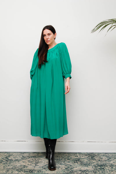 Rare 1980s Pure Silk Green Dress with Dramatic Balloon Sleeves