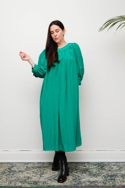 Rare 1980s Pure Silk Green Dress with Dramatic Balloon Sleeves