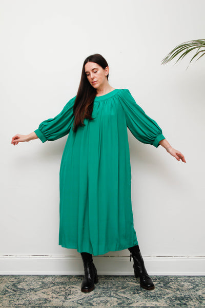 Rare 1980s Pure Silk Green Dress with Dramatic Balloon Sleeves