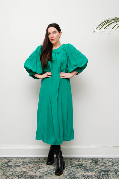 Rare 1980s Pure Silk Green Dress with Dramatic Balloon Sleeves