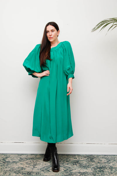 Rare 1980s Pure Silk Green Dress with Dramatic Balloon Sleeves