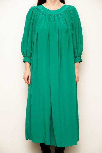 Rare 1980s Pure Silk Green Dress with Dramatic Balloon Sleeves