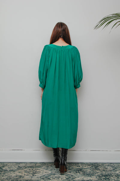 Rare 1980s Pure Silk Green Dress with Dramatic Balloon Sleeves