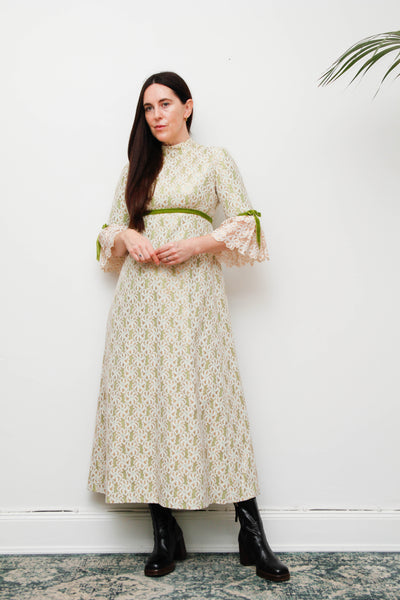 1960s Gold & Green Foil Lace Maxi Dress with Velvet Ribbon Trim