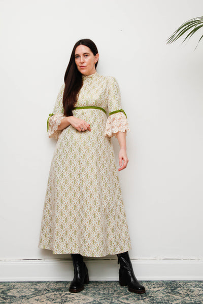 1960s Gold & Green Foil Lace Maxi Dress with Velvet Ribbon Trim