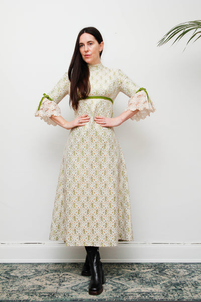 1960s Gold & Green Foil Lace Maxi Dress with Velvet Ribbon Trim