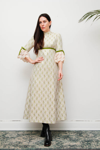 1960s Gold & Green Foil Lace Maxi Dress with Velvet Ribbon Trim