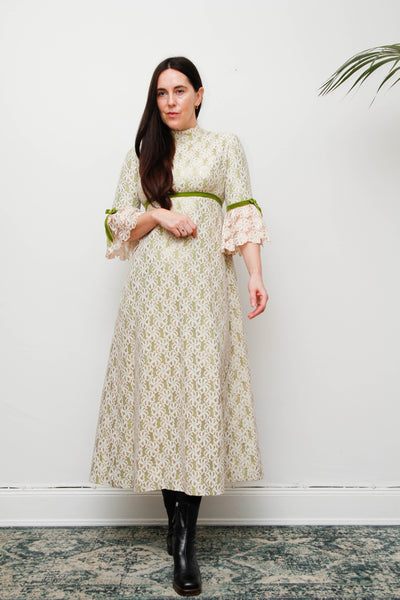 1960s Gold & Green Foil Lace Maxi Dress with Velvet Ribbon Trim