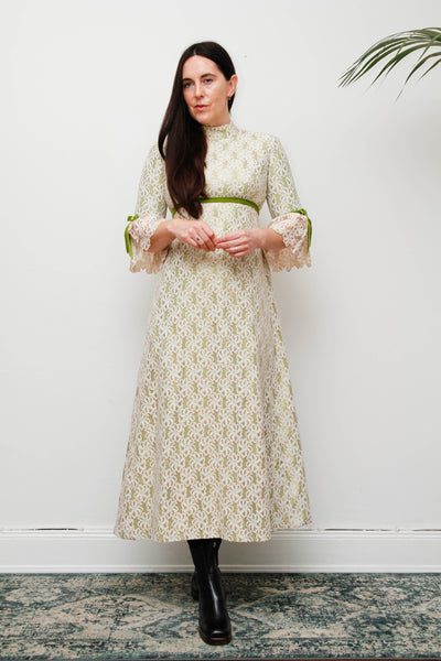 1960s Gold & Green Foil Lace Maxi Dress with Velvet Ribbon Trim