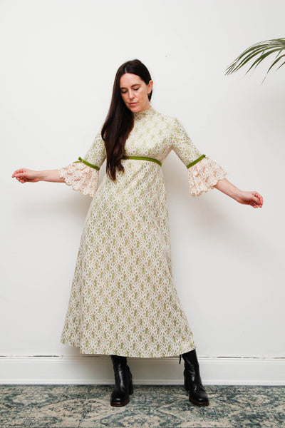 1960s Gold & Green Foil Lace Maxi Dress with Velvet Ribbon Trim