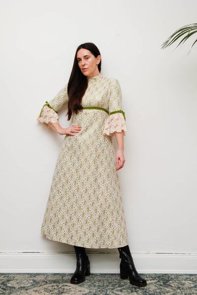 1960s Gold & Green Foil Lace Maxi Dress with Velvet Ribbon Trim