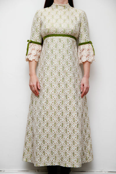 1960s Gold & Green Foil Lace Maxi Dress with Velvet Ribbon Trim