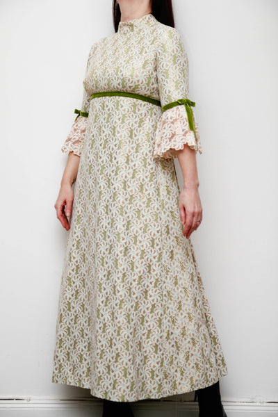 1960s Gold & Green Foil Lace Maxi Dress with Velvet Ribbon Trim