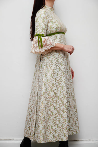 1960s Gold & Green Foil Lace Maxi Dress with Velvet Ribbon Trim