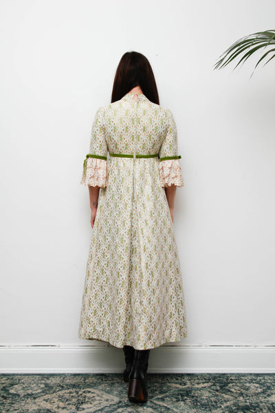 1960s Gold & Green Foil Lace Maxi Dress with Velvet Ribbon Trim