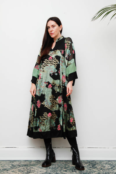 Vintage Oriental Green Satin Kaftan Dress with Kimono Sleeves & Gold Paisley Print