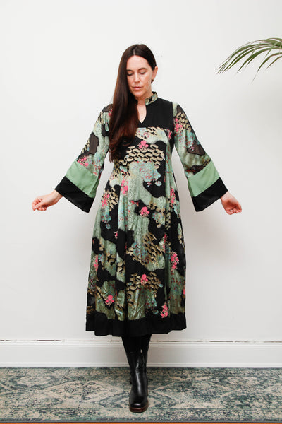Vintage Oriental Green Satin Kaftan Dress with Kimono Sleeves & Gold Paisley Print