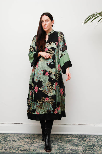 Vintage Oriental Green Satin Kaftan Dress with Kimono Sleeves & Gold Paisley Print