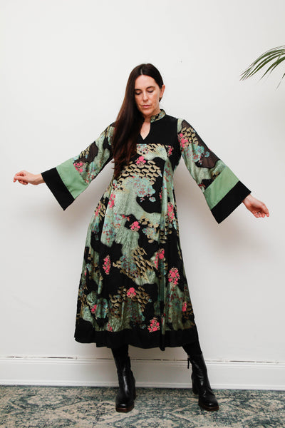 Vintage Oriental Green Satin Kaftan Dress with Kimono Sleeves & Gold Paisley Print