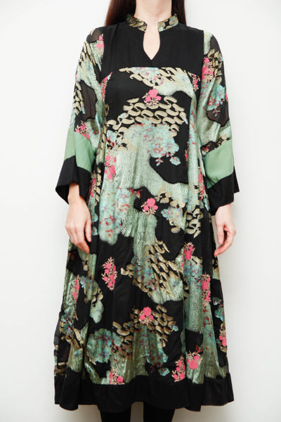 Vintage Oriental Green Satin Kaftan Dress with Kimono Sleeves & Gold Paisley Print