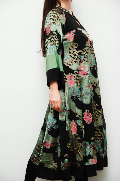 Vintage Oriental Green Satin Kaftan Dress with Kimono Sleeves & Gold Paisley Print