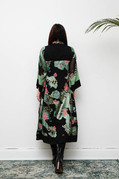 Vintage Oriental Green Satin Kaftan Dress with Kimono Sleeves & Gold Paisley Print