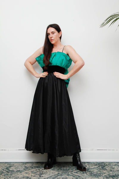 1980s Gothic Green Silk Taffeta Frill Cocktail Dress with Black Velvet Waist