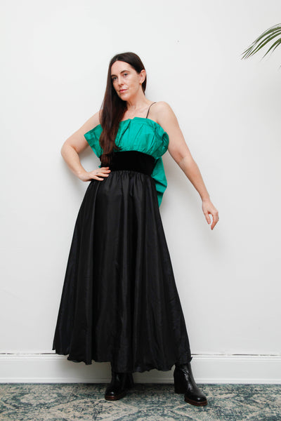 1980s Gothic Green Silk Taffeta Frill Cocktail Dress with Black Velvet Waist