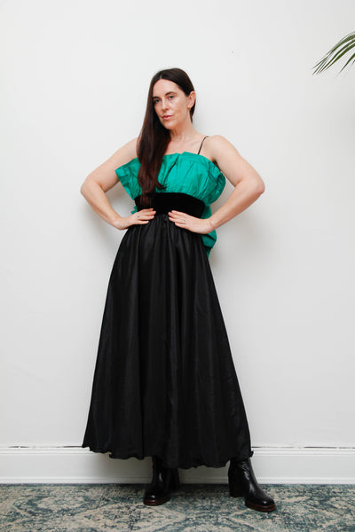 1980s Gothic Green Silk Taffeta Frill Cocktail Dress with Black Velvet Waist