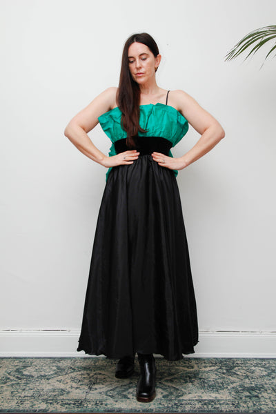1980s Gothic Green Silk Taffeta Frill Cocktail Dress with Black Velvet Waist