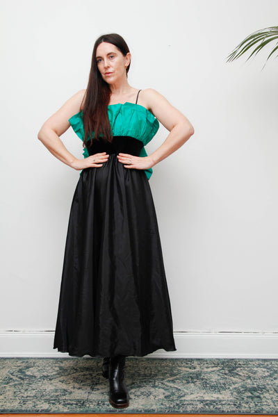1980s Gothic Green Silk Taffeta Frill Cocktail Dress with Black Velvet Waist
