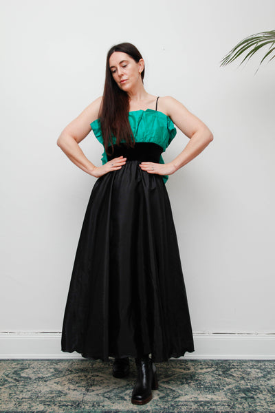 1980s Gothic Green Silk Taffeta Frill Cocktail Dress with Black Velvet Waist