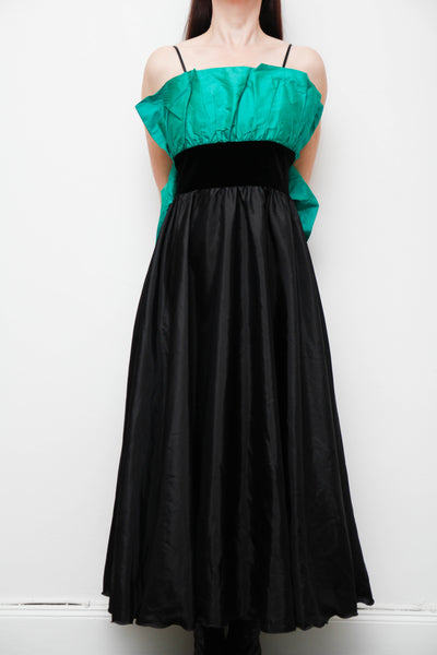 1980s Gothic Green Silk Taffeta Frill Cocktail Dress with Black Velvet Waist