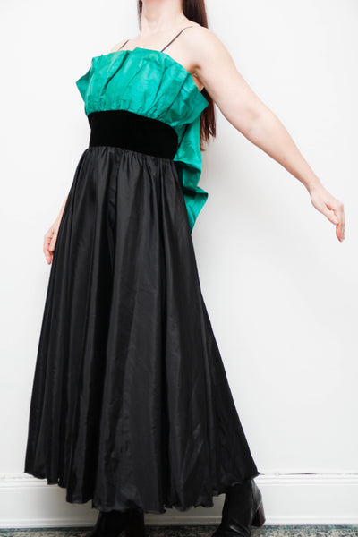 1980s Gothic Green Silk Taffeta Frill Cocktail Dress with Black Velvet Waist