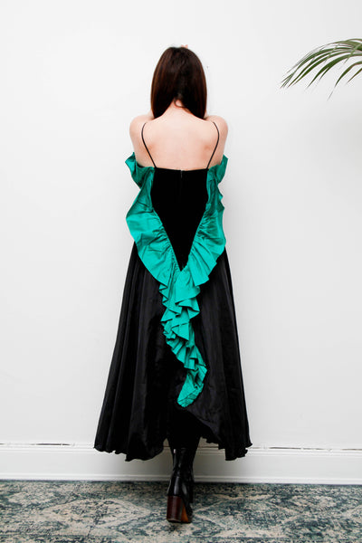 1980s Gothic Green Silk Taffeta Frill Cocktail Dress with Black Velvet Waist