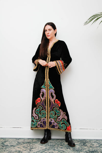 Rare Vintage Black Velvet Embroidered Kaftan Dress – Gothic Bohemian Treasure