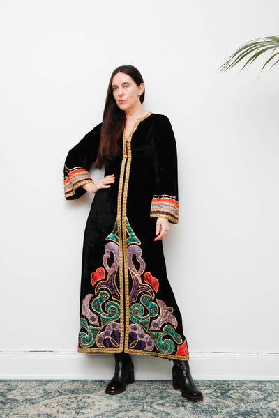 Rare Vintage Black Velvet Embroidered Kaftan Dress – Gothic Bohemian Treasure