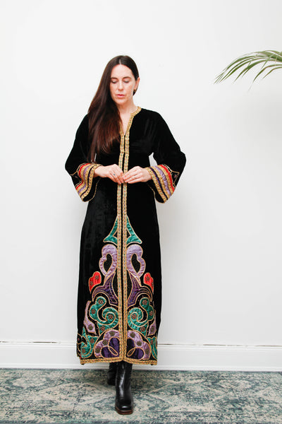 Rare Vintage Black Velvet Embroidered Kaftan Dress – Gothic Bohemian Treasure