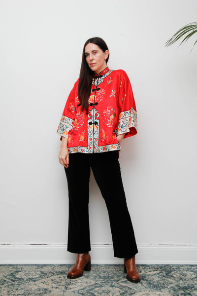 Antique Red Oriental Silk Robe Jacket with Hand Embroidery