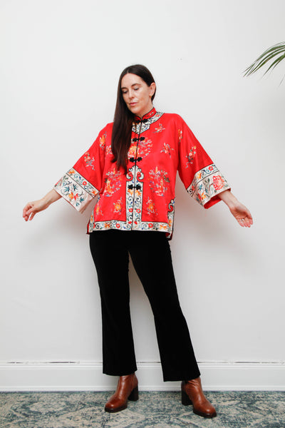 Antique Red Oriental Silk Robe Jacket with Hand Embroidery