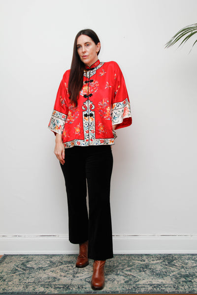 Antique Red Oriental Silk Robe Jacket with Hand Embroidery