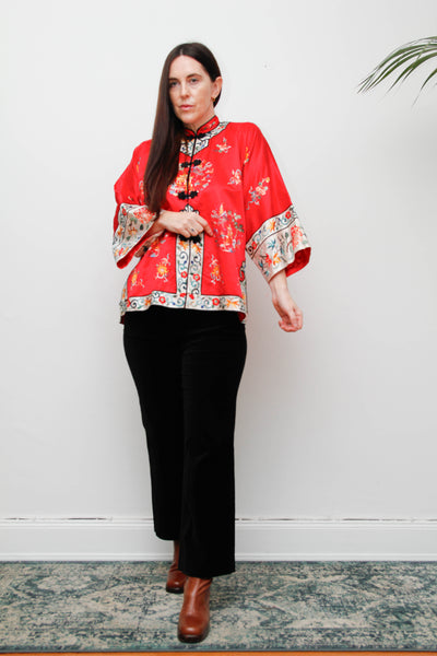 Antique Red Oriental Silk Robe Jacket with Hand Embroidery
