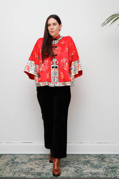 Antique Red Oriental Silk Robe Jacket with Hand Embroidery