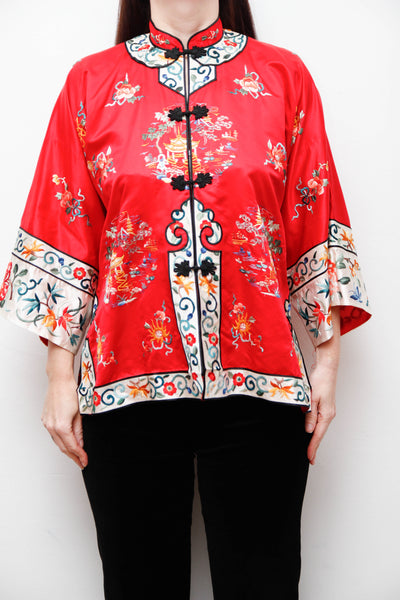 Antique Red Oriental Silk Robe Jacket with Hand Embroidery