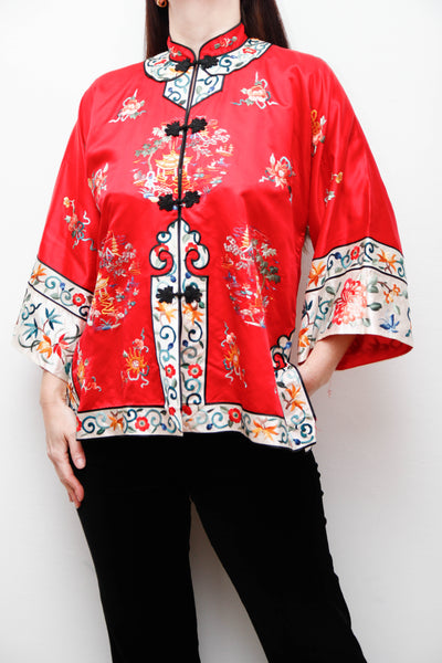 Antique Red Oriental Silk Robe Jacket with Hand Embroidery