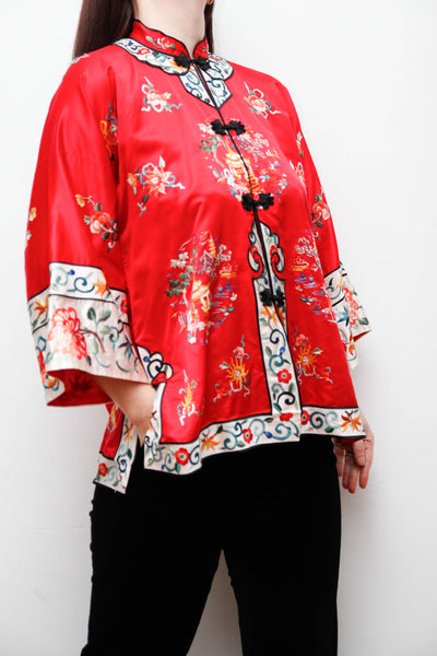 Antique Red Oriental Silk Robe Jacket with Hand Embroidery