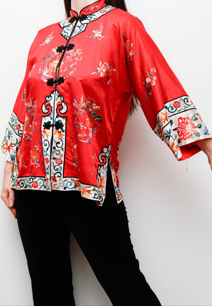 Antique Red Oriental Silk Robe Jacket with Hand Embroidery