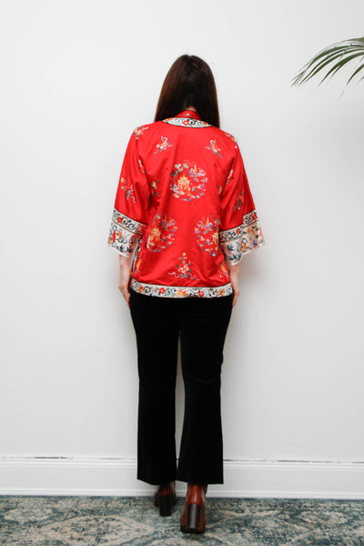 Antique Red Oriental Silk Robe Jacket with Hand Embroidery