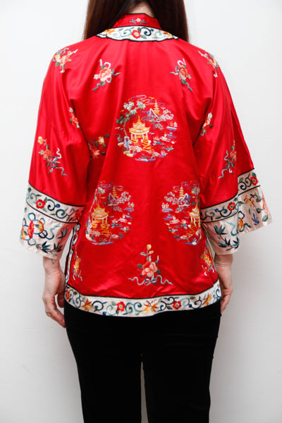 Antique Red Oriental Silk Robe Jacket with Hand Embroidery