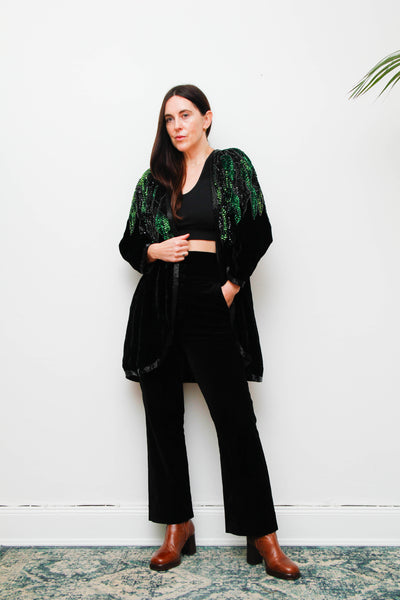 Vintage Black Silk Velvet Sequin Jacket , Green Opulent Design